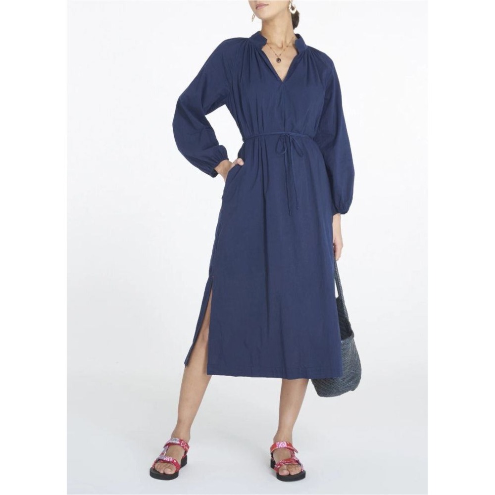 Xirena Arabella Cotton Poplin Midi Dress Navy Blue V-Neck Belted Medium USA